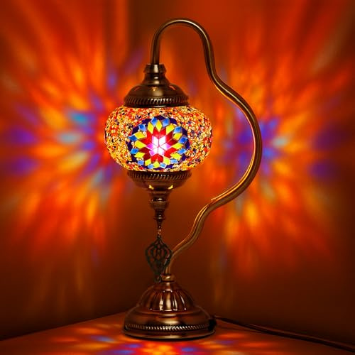 Baquler Turkish Moroccan Table Lamp Handmade Glass Swan Neck Bedside Lamp Bohemian Moroccan Decorative Night Light for Bedroom, Office, Living Room, Gift(Cute Style)
