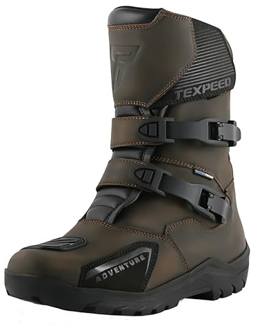Texpeed Bottes De Moto Homme Cuir - Chaussures De moto Vintage 100% Imperméables - Coupe courte Homologuées CE - Marron