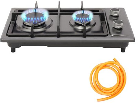 Cocina de gas, 2 fuegos con tubo de gas y válvula de reducción de presión, 3 kW + 1,75 kW, para cocina, oficina o camping, placa de cocción eléctrica de 2800 Pa para propano y gas natural (negro)