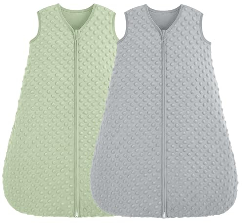 FIEMOL Baby Sleeping Bag 6-12 Months 1.5 TOG Newborn Sleeping Bag with Plush Dots, Soft Baby Sleep Sack Cotton 2-Way Zipper, Baby Wearable Blanket Green&Grey 2 Pack
