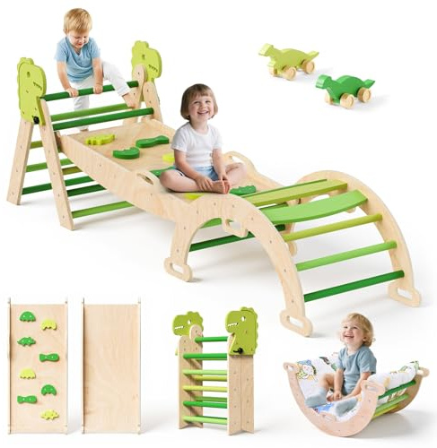 Toddler Climbing Frame, Wooden Climbing Tripod Set, with Climbing Frame, Soft Cushion, Montessori Climbing Fitness Set, for Children Aged 1-3 Indoor and Outdoor Use (Green dinosaur-7 in1)