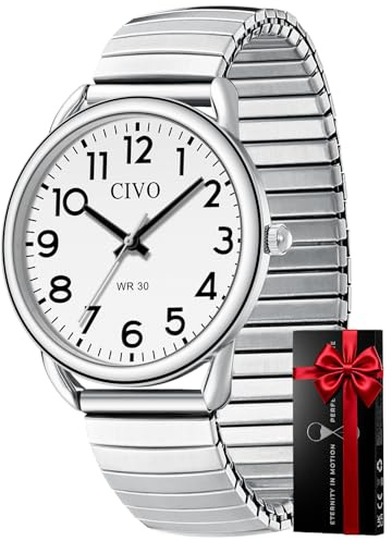 CIVO Reloj Hombre Acero Inoxidable: Fácil Leer Analógico para Hombre Relojes - Plata Resistentes Al Agua Lector Fácil Correa Expansión 38mm Adecuado Personas Mayores Problemas Visión