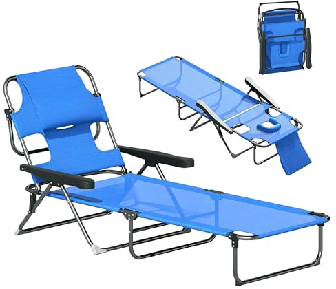Outsunny Lettino da Sole Schienale Regolabile a 4 Livelli Sdraio Pieghevole con Cuscino Foro per il Viso Tessuto Traspirante e Struttura in Acciaio Blu Scuro