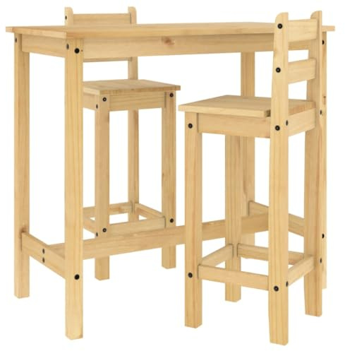 Augerlite Set da bar in legno massello di pino, finitura cera miele, 112 x 57 x 101 cm, tavolo da bar con 2 sedie da bar, schienale, poggiapiedi, sala da pranzo, soggiorno, piccolo gruppo da pranzo