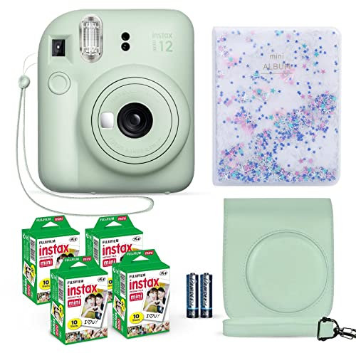 Fujifilm Instax Mini 12 Mint Green + Fuji Instax Film 40 Sheets + Shutter Accessories Bundle, Incl. Carrying Case & Quicksand Beads Album 64 Pockets