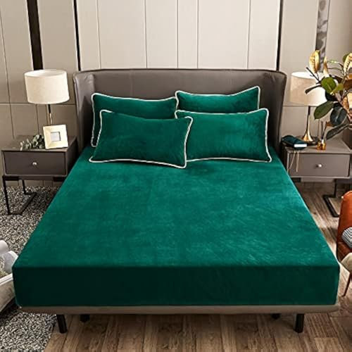 Damier Plüsch Spannbettlaken 100x200cm Grün Dunkelgrün Winter Warme Flauschige Bettlaken Cashmere Touch Spannbetttuch Geeignet für 30cm Matratze