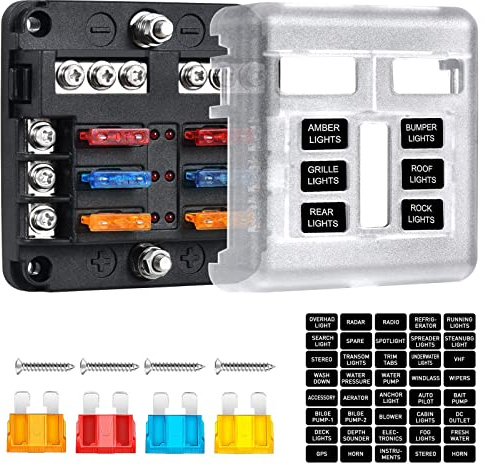 6-Way Marine Fuse Block,Waterproof 12v Fuse Block with LED Indicator for 12V/24V Automotive Golf Cart Truck Car Boat Marine RV Motorcycle
