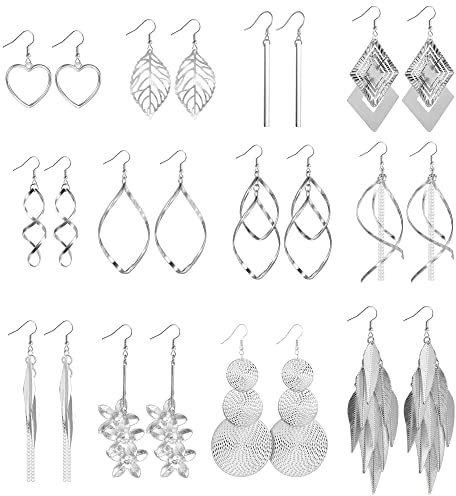 12 par guld droppörhängen för damer flickor, olika krok Boho örhängen set, runda/prisma/fjäder/kedja/våg/enkel vridning / dubbel linjär kabel/blom/hjärta / blad / lång / frans örhängen