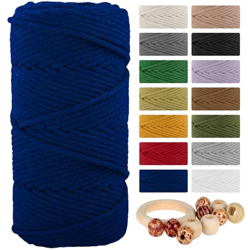 Macrame Cotton Cord 5mmx109 Yard 4 Strand, Munzong Natural Handmade 4 Twisted Cotton Rope for Wall Hanging Weaving Tapestry DIY Craft Knitting Plant Hanger Gift Wrapping Decor(100m, Sapphire Blue)