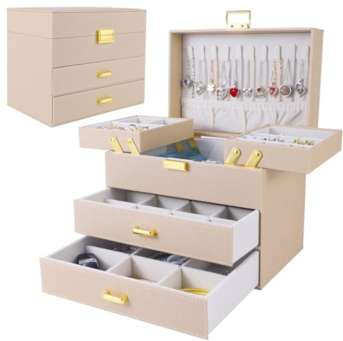 Dajasan Jewelry Organizer Box, Large Jewelry Boxes for Women Girls, Space-Saving 4 Layers Jewelry Storage Case with Drawer, Movable Metal Stand, Modern, Gift Idea (Champagne + Gold)