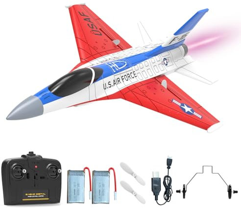 volantexrc F-16 2,4 GHz 2-Kanal RC Flugzeug RTF mit LED-Beleuchtung & 2 Akkus, 2CH Ferngesteuertes Flugzeug für Anfänger, Kinder & Erwachsene