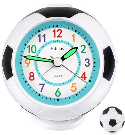 Edillas Wecker Kinder Jungen Mädchen,Fußball Wecker Analog Geräuschlos Ohne Ticken mit Licht Schlummerfunktion für Kinder Schlafzimmer Nachttisch Tisch Aufwachenuhr(Blau)