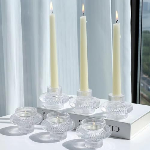 Klarer Kerzenständer im 6er-Set, Kerzenhalter Glas für Tischdekoration