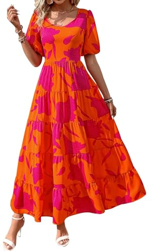 PRETTYGARDEN Puff Short Sleeve Cewneck Floral Long Fall Dresses for Women 2025 Flowy Tiered Hem Maxi Wedding Guest Dress