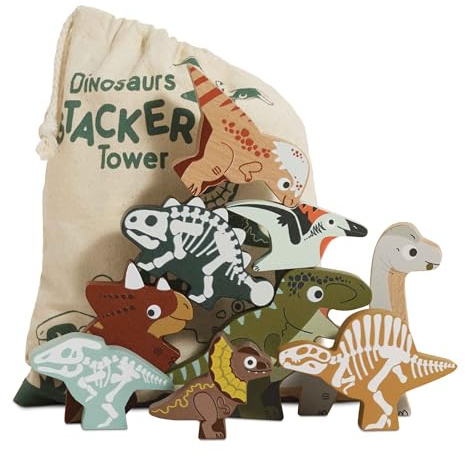Le Toy Van Dinosauri Miniature Figure Giocattolo da Costruzione - Set di 9 Animali Impilabili in Legno FSC per Bambini 18+ Mesi