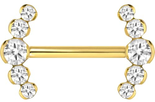PIERCINGLINE Titan Barbell mit Push Fit 5 KRISTALLE Brustwarzenpiercing Nippelpiercing Goldfarben 1,6 x 12 mm