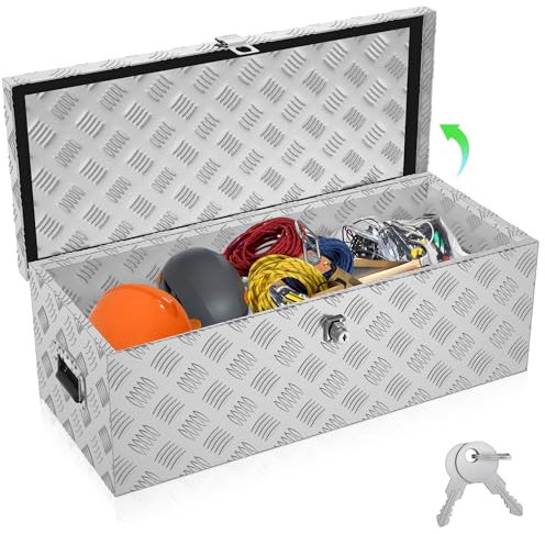 SUBTLETY Cassetta degli attrezzi in alluminio da 80 l, con 2 chiavi, richiudibile, impermeabile, in metallo, con coperchio, scatola in alluminio per rimorchi auto (argento)