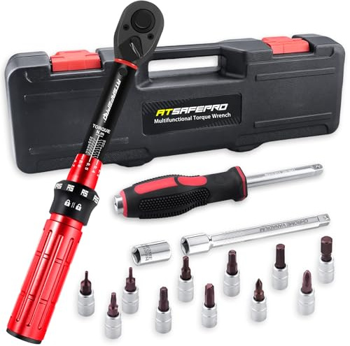 ATsafepro 17 PCS Torque Wrench 1/4'', 1-15Nm Bike Torque Wrench Set,Dual-Direction Adjustable 72 Teeth,±3% Accuracy with 11 Bits,Screwdriver,Scoket,3/8'' Adapter,4 inch Extension Bar