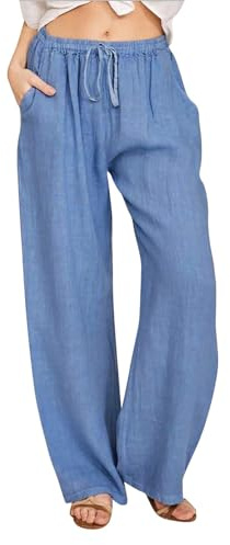 Trousers for Women UK Women Linen Summer Casual Baggy Trousers Elastic Waist Drawstring Pants with Pockets Loose fit Plain for UK Blue XL