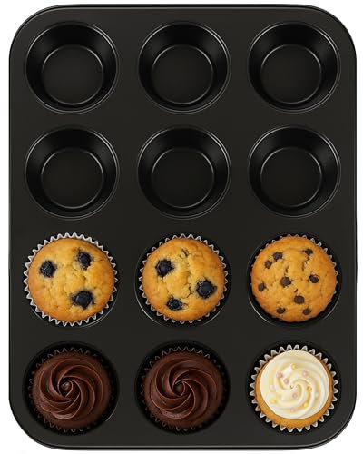 AXXTAN 12-Cup Deep Non-Stick Muffin Tray for Baking – Heavy-Duty Carbon Steel Muffin Tin | Cupcake Tray with Easy Release Coating | Dishwasher, Oven & Freezer Safe Bakeware (Black)