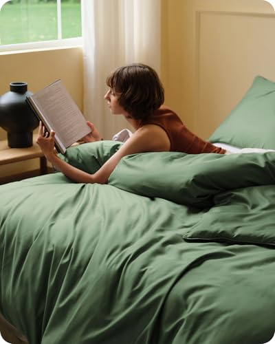 Bedsure Cooling Duvet Cover Queen Size, Cotton & Rayon Derived from Bamboo Blend Duvet Cover Set for Hot Sleepers,Ultra-Soft, Breathable & Lightweight Home Bedding for All Seasons(Olive Green,90x90)