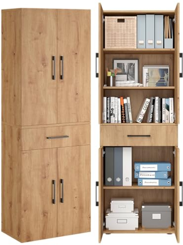 Bellamio Apol Mehrzweckschrank Eichenoptik – Aktenschrank 60 cm breit – Hochschrank Holz – Aufbewahrungsschrank mit 5 Fächern & 1 Schublade – Büroschrank, Flurschrank, Allzweckschrank, Schuhschrank