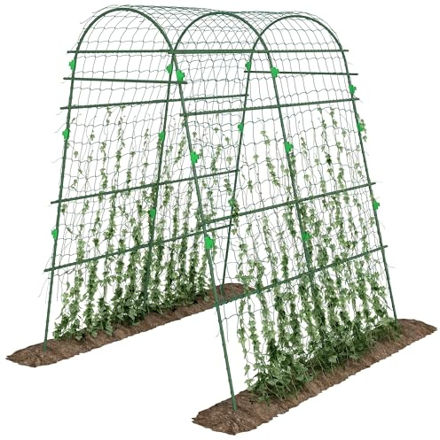 Outsunny Enrejado de Pepino 206 cm, Enrejado de Jardín en Arco para Plantas Trepadoras al Aire Libre, Forma en U, con Estructura de Acero con Recubrimiento de PE y Malla, Soporte para Verduras, Frutas