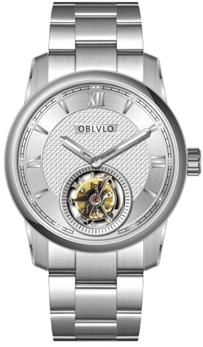 OBLVLO Lyxig roséguld Tourbillon herrklocka mode automatiska klockor äkta läder vattentät klocka för herrar JM-TB