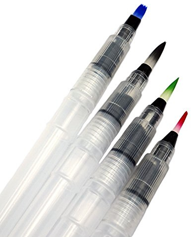 ERCENTURY Water Brush Pen Set (Length: 6.1 inches), Refillable, Leakproof for Watercolor Painting & Lettering, Set of 4, 1 Flat Tip and 3 Sizes Point Tip Brush Pens Are Available