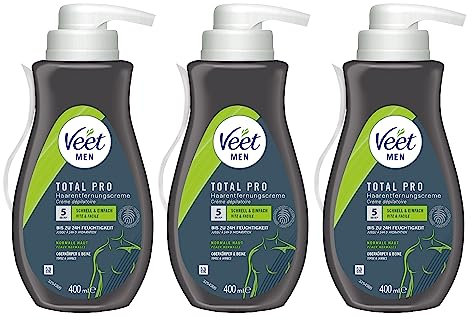 Veet Men Haarentfernungscreme - 3er Pack für Oberkörper & Beine - Enthaarungscreme für Männer, Haarentfernung in 5-10 Minuten - 3 x 400 ml Spender inkl. Spatel