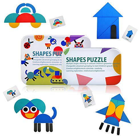 LEADSTAR Puzzle aus Holz, Spielzeug für Kinder 2 3 4 5 Jahre, Tangrams Kinder Holzblöcke Puzzles 36 Teile Puzzles Montessori Lernspiele aus Holz Modellblöcke aus Holz für Kinder, 60 Karten