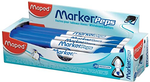 Maped - Boîte de 12 Feutres Effaçables à Sec Marker’Peps - Feutres Ardoises et Tableaux Blancs - Marqueurs Non Permanents - Pointe Medium 1,5 mm - Bleu