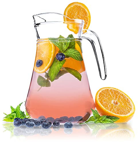 KADAX Krug, Glaskanne, Glaskrug aus robustem Glas, Wasserkrug mit Auslauf und handlichem Griff, Glaskaraffe für kalte Getränke, Saft, Milch, Eistee, transparent (Theo, 1.4L)