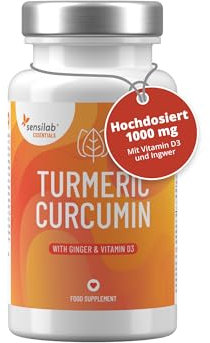 Kurkuma Kapseln Hochdosiert, Vitamin D3, Ingwer - 60 Curcumin Kapseln Hochdosiert 1000mg - Curcuma Extrakt - 185x höhere Bioverfügbarkeit - Sensilab
