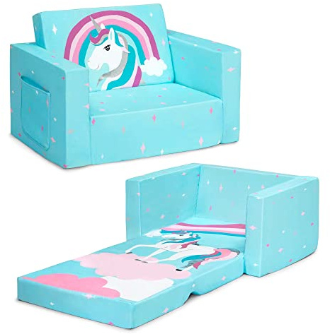 Delta Children Cozee 2-in-1 Convertible Sofa to Lounger For Bedroom - Lightweight,Portable Comfy Flip Open Couch/Sleeper for Kids, Blue Unicorn