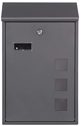 DWD ® Wall Mounted Modern Large Steel Lockable Mail, Post, Letter Box, Weather Resistant, Grey Slanted Lid