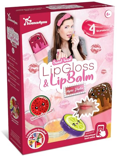 Science4you Lip Gloss & Lip Balm Kit - Kit Maquillaje Niña para Crear Brillo de Labios DIY, Aroma Sandía, 4 Lip Products con Cera de Abeja, Regalo para Niñas 6 7 8 9 Años