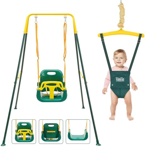 FUNLIO 2-in-1 Altalena e Altalena da Porta per Bambini, Altalena Resistenti con 4 Sacchi di Sabbia, Supporto in Metallo Pieghevole per Giochi al Coperto/Esterno, Facile da Montare e Riporre - Verde