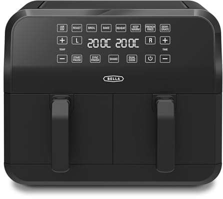 bella 8L Dual Basket Heißluftfritteuse mit Touchscreen, 8 Kochfunktionen, einstellbarer Temperatur, automatischer Abschaltung und Timer, antihaftbeschichteten Kochschalen, 1700W, Schwarz