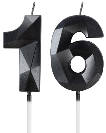 mciskin Black 16th Birthday Candles, 3D Number 16 Candles for Cake, Girls Boys 16th Birthday Decorations,Pearl Black Candle Cake Topper Decorations for Birthday Party Weddings Anniversary Supplies