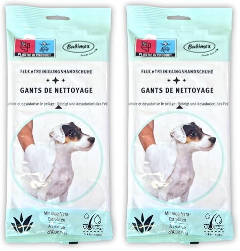 Bubimex Gants Easy Clean - Gants Hygiéniques de Nettoyage pour Chiens et Chats - Nettoie et Désodorise - Aux Extraits d'Aloe Vera - Pour l'hygiène de vos animaux de compagnie (Lot de 2)