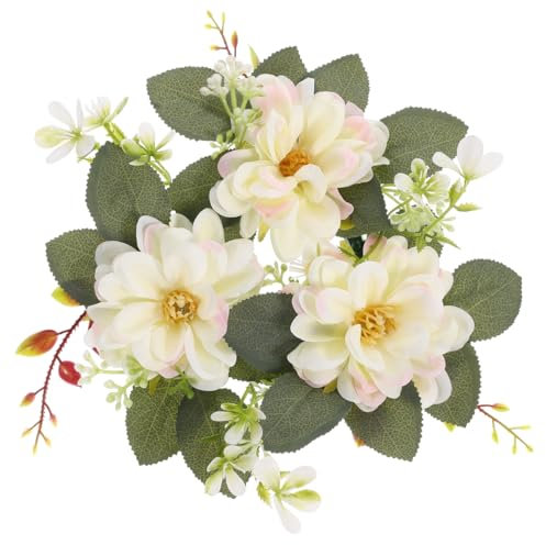 Cabilock Artificial Wreath Ring with Realistic Dahlia Flowers Floral Candle Wreath for Wedding Table Centerpieces Photography Props Tea Light Holders Decoration