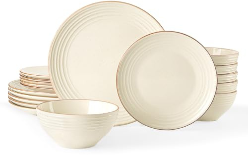 Richmount Jupiter Plates and Bowls Set, Reactive Glaze Dinner Sets for 6 People, 18 Pieces Stoneware with Gold Rim, Scratch Resistant Dinnerware Service for 6, Microwave & Dishwasher Safe, Cream White