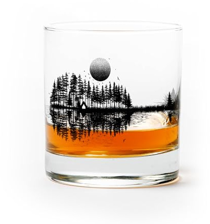 Black Lantern Nature Guitar Whiskey Glass – 11oz Heavy-Base Tumbler with Screen-Printed Forest & Mountain Design – Cocktail, Bourbon, Scotch Glass for Music & Outdoor Lovers
