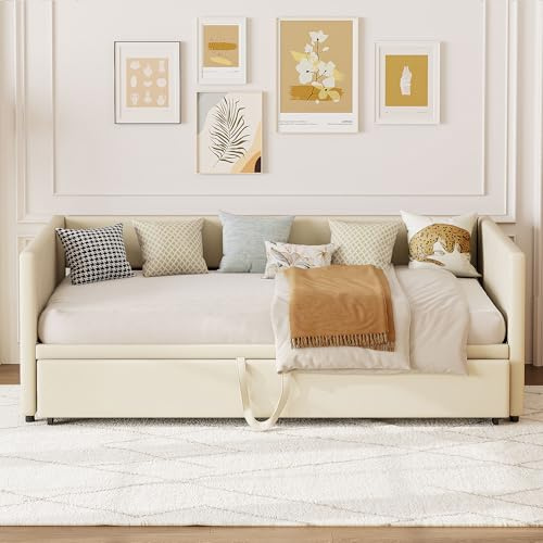 KEFSR Struttura convertibile rivestita in velluto 90/180 x 200 cm, telaio estraibile con braccioli, piattaforma con doghe in legno, materasso non incluso (beige)