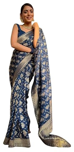 IMTRA FASHION Designer Saree Per Donna Indiano Stile Kanjivaram Banarasi Jacquard Sari Con Camicetta Scucita-Blu
