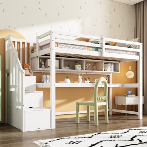 Merax Lit Mezzanine 90 x 200 cm, avec Grand Bureau et Escaliers de Rangement, avec Étagères de Stockage, pour Enfant, Blanc (sans Matelas)