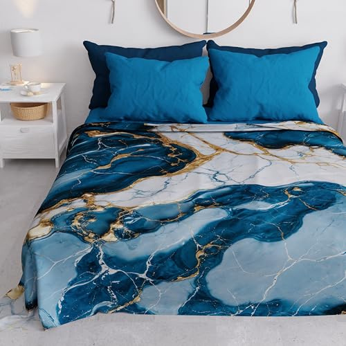 PETTI ARTIGIANI ITALIANI - Colcha Cama (160x250 cm) Microfibra, Primavera Verano, Colchas Bouti Modernas, Cubrecama Ligero, Individual, Mármol Azul Océano 100% Made in Italy
