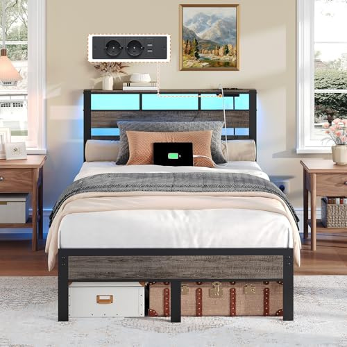 HOOBRO Lit 140 x 200 cm avec Sommier Métal, LED, Multiprise et Espace de Rangement, 2AC, 2USB-A, Lit Deux Personnes avec Cadre de Chevet, pour Chambre, Chambre d’Invité, Noir Charbon EBC78CDBF01