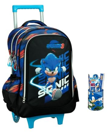 Trolley Sac à dos scolaire compatible avec Sonic 46 cm haut de gamme pour enfant école primaire moyenne + set d'écriture 5 pièces